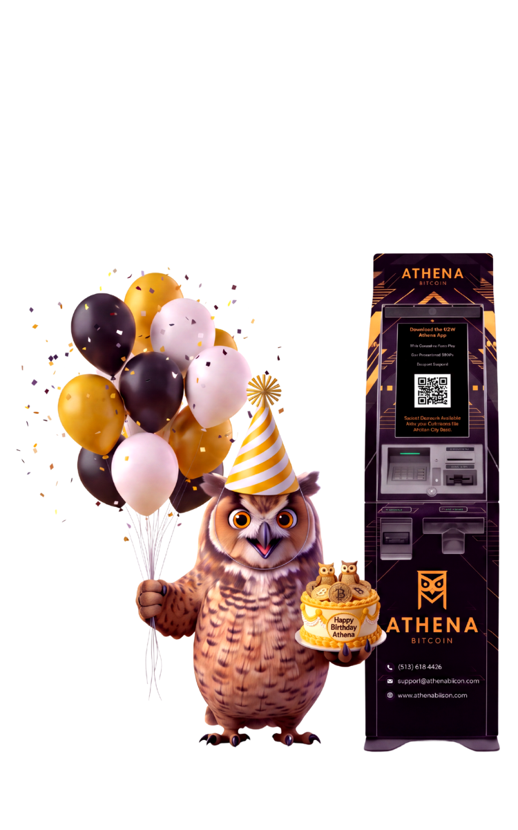 Athena's owl mascot in a party hat, holding balloons and a Happy Birthday Athena cake, beside an Athena Bitcoin ATM
