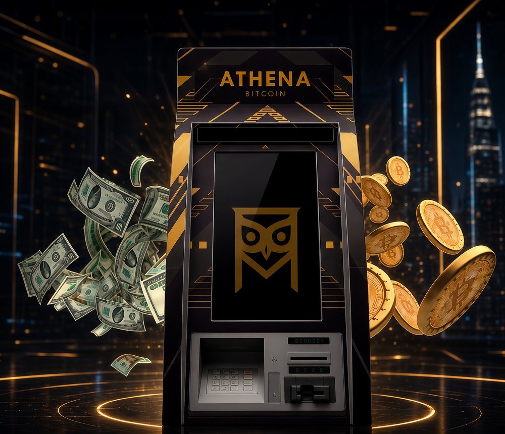 An Athena Bitcoin ATM with cash and Bitcoin coins around it