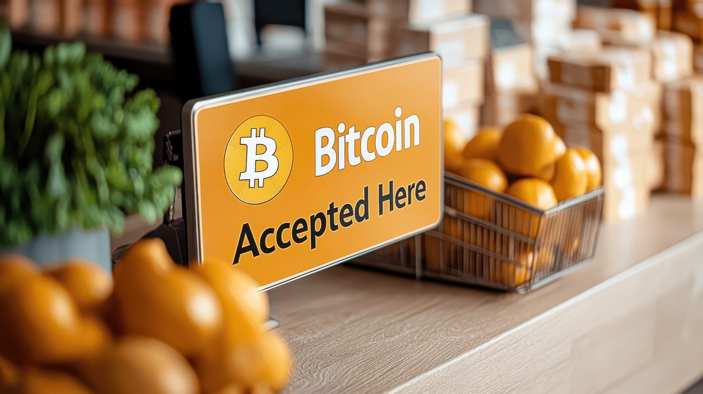 A Bitcoin Accepted Here sign on a shop counter beside fresh produce