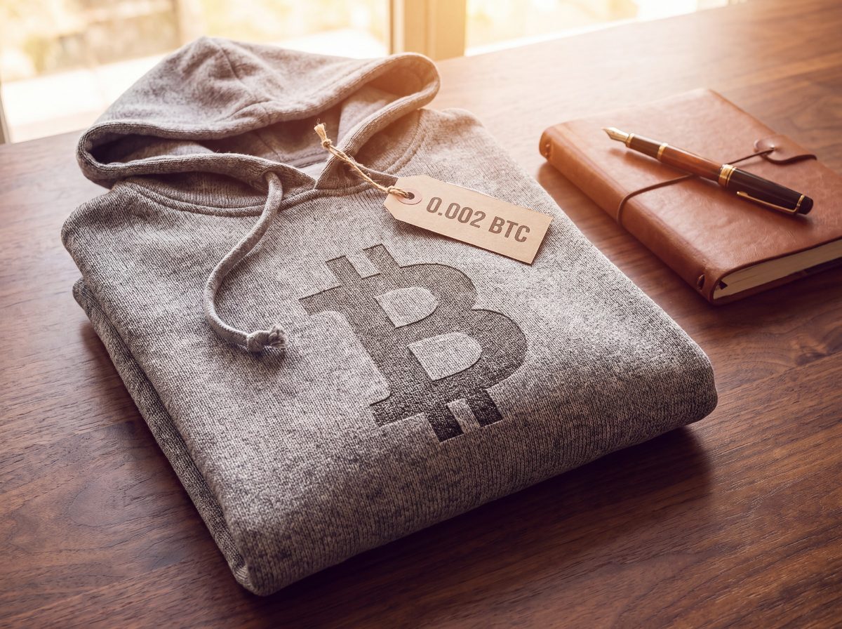 A folded hoodie with a price tag reading 0.002 BTC