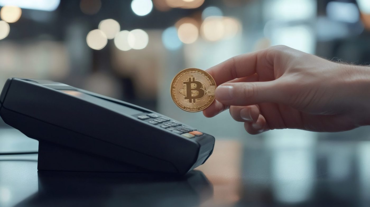 A hand holding a Bitcoin coin to a payment terminal