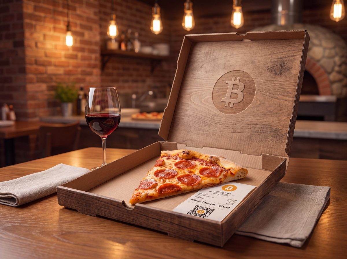 A pizza box with a Bitcoin payment receipt