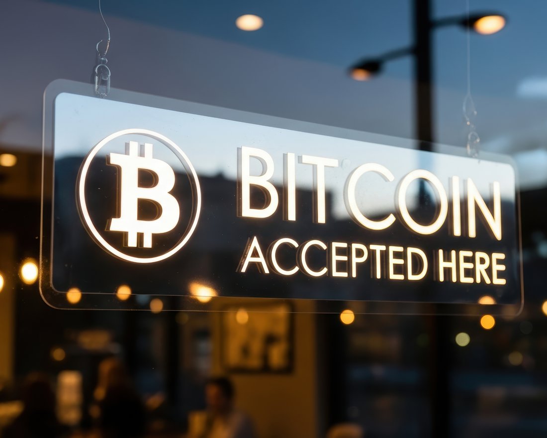 A glowing Bitcoin Accepted Here sign hanging in a shop window at dusk