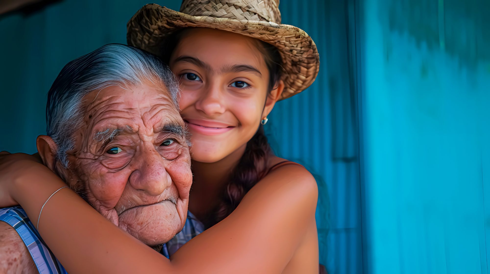 A granddaughter hugging her grandfather in El Salvador