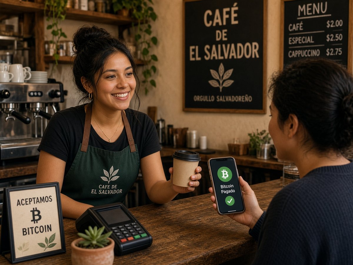 Empleada de caf&eacute; entrega un caf&eacute; mientras el celular del cliente muestra el pago en Bitcoin confirmado
